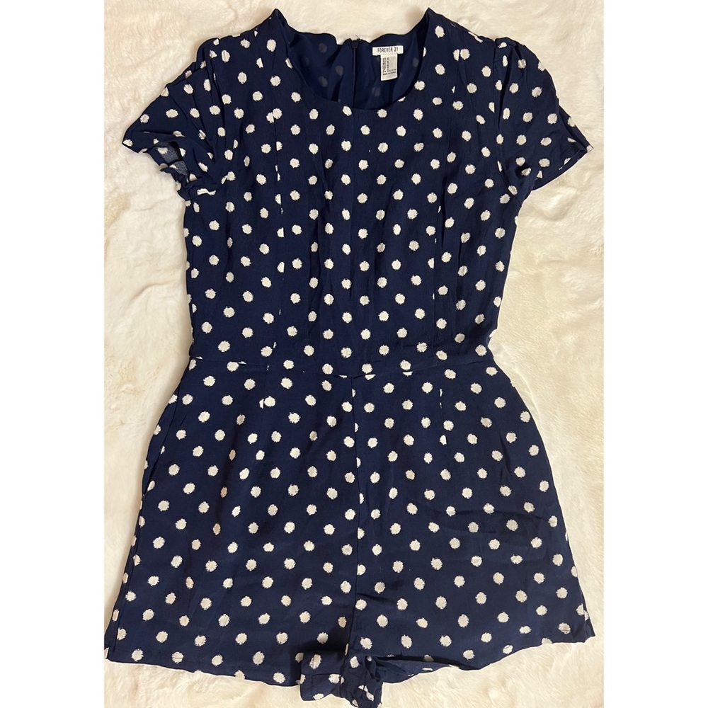 FOREVER21 BLUE POLKA DOT ROMPER, WOMEN, MEDIUM